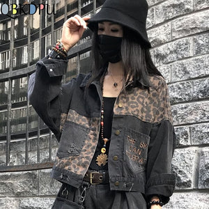 Black Leopard Women Denim Jacket