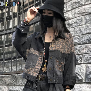 Black Leopard Women Denim Jacket