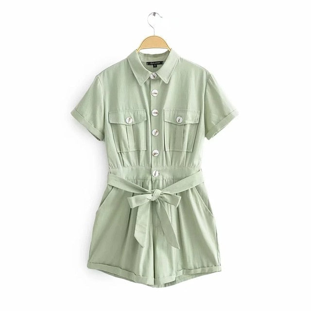 Casual cotton linen women summer romper wide leg button short jumpsuits lace up office playsuits high waist green rompers