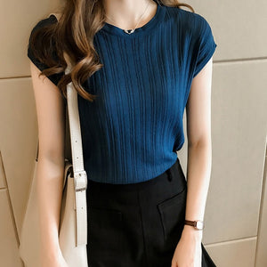 2020 Summer Ice Silk Knitted Tops Short Sleeve